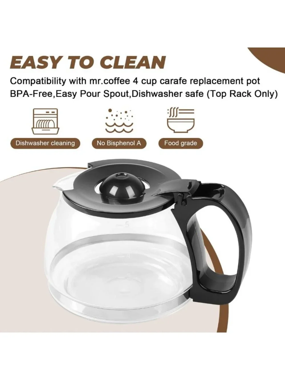 4-Cup Glass Carafe Replacement for Coffee Makers - Easy Pour Spout & Grip Handle